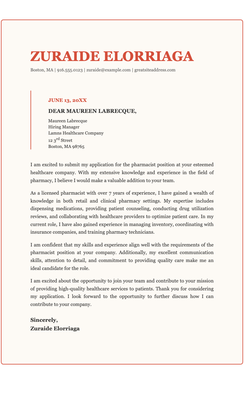Modern chronological cover letter - Professional job application letter with bold red accents and elegant typography. Designed for healthcare or pharmacy roles.